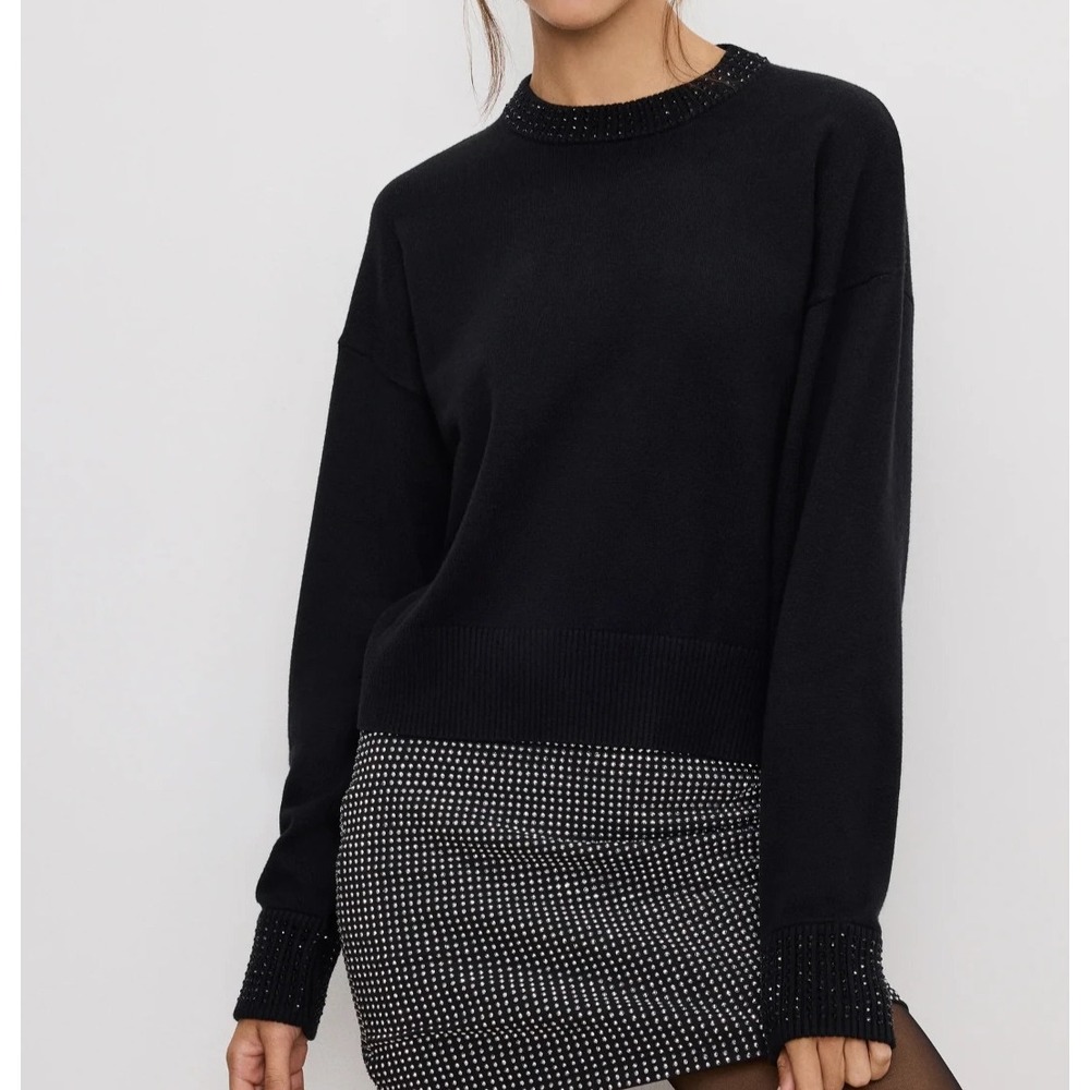 Good American Crystal Crewneck Sweater Black Comfy Everyday‎ Sz Large NWT